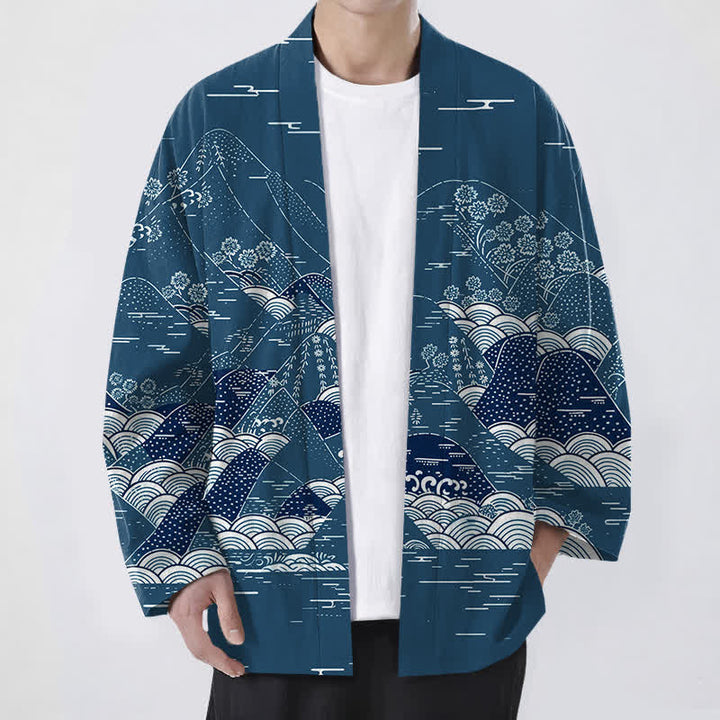 Buddha Stones Męskie kimono bawełniane z japońskim wzorem fal krajobrazowych z otwartym przodem - Cyraneczka - US/UK/AU48， EU58 (4XL) - image 0