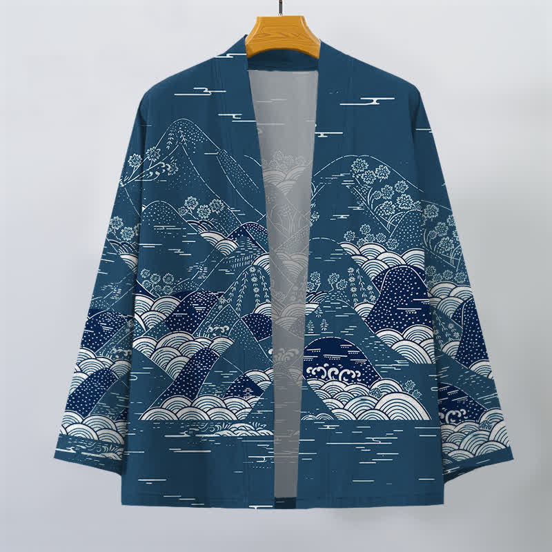 Buddha Stones Męskie kimono bawełniane z japońskim wzorem fal krajobrazowych z otwartym przodem - image 1