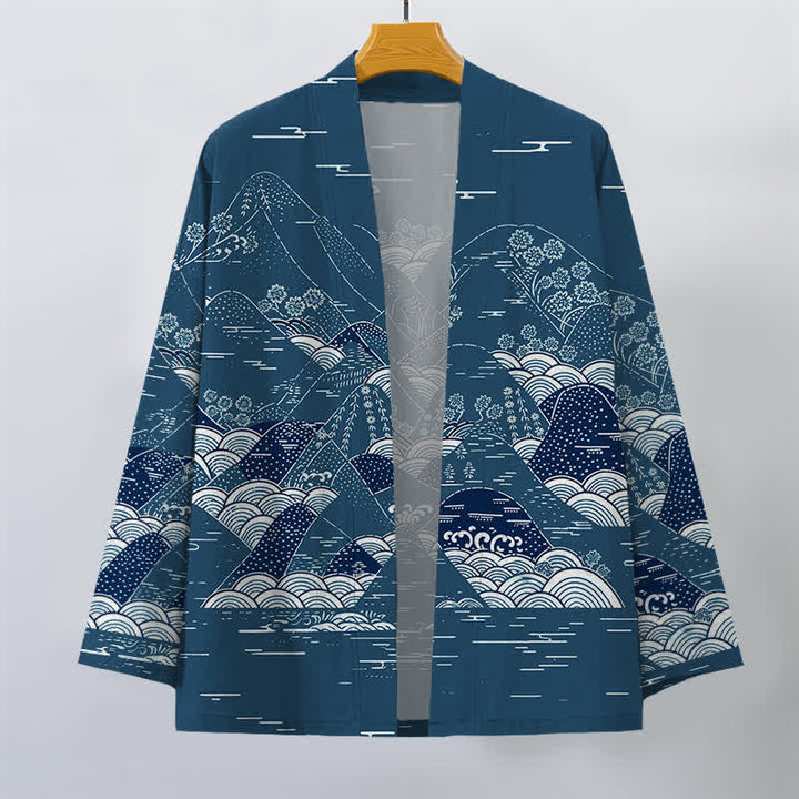 Buddha Stones Męskie kimono bawełniane z japońskim wzorem fal krajobrazowych z otwartym przodem - image 1