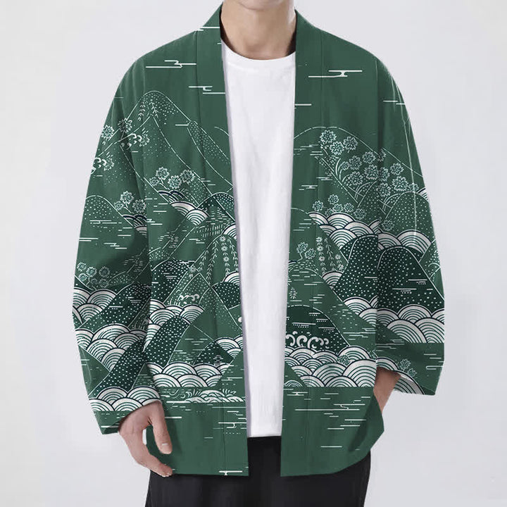 Buddha Stones Męskie kimono bawełniane z japońskim wzorem fal krajobrazowych z otwartym przodem - ForestGreen - US/UK/AU48， EU58 (4XL) - image 6