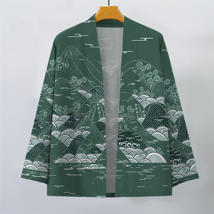 Buddha Stones Męskie kimono bawełniane z japońskim wzorem fal krajobrazowych z otwartym przodem - image 7