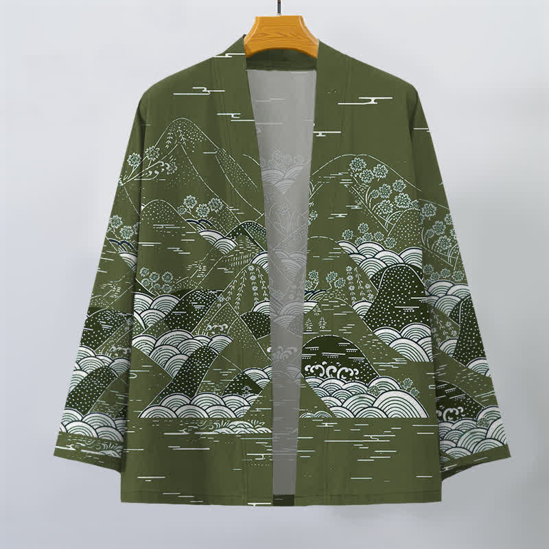 Buddha Stones Męskie kimono bawełniane z japońskim wzorem fal krajobrazowych z otwartym przodem - image 10