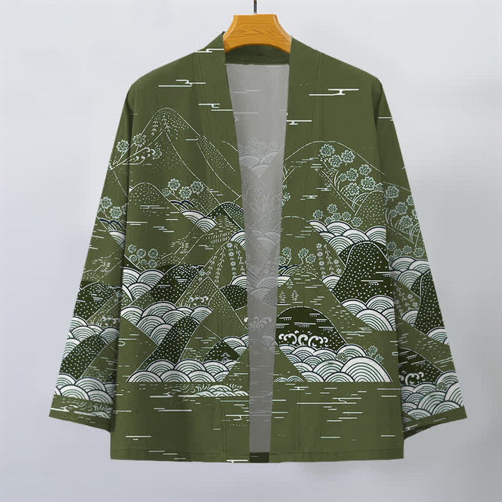 Buddha Stones Męskie kimono bawełniane z japońskim wzorem fal krajobrazowych z otwartym przodem - image 10