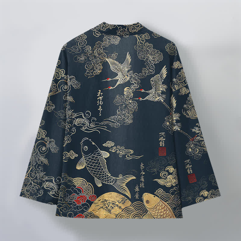 Buddha Stones Bawełniane kimono męskie z odkrytym przodem i wzorem chińskiego żurawia i ryby koi - image 2