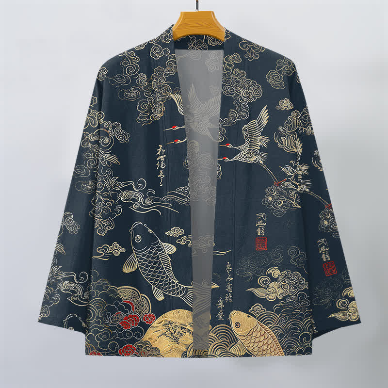 Buddha Stones Bawełniane kimono męskie z odkrytym przodem i wzorem chińskiego żurawia i ryby koi - image 1