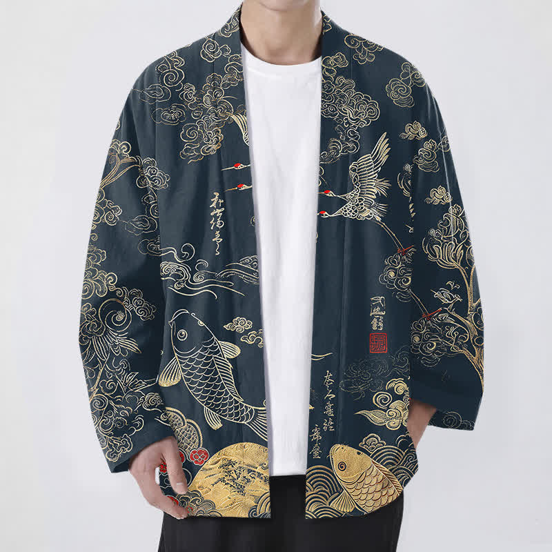 Buddha Stones Bawełniane kimono męskie z odkrytym przodem i wzorem chińskiego żurawia i ryby koi - Marynarka wojenna - US/UK/AU48， EU58 (4XL) - image 0