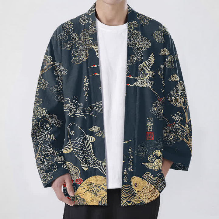 Buddha Stones Bawełniane kimono męskie z odkrytym przodem i wzorem chińskiego żurawia i ryby koi - Marynarka wojenna - US/UK/AU48， EU58 (4XL) - image 0
