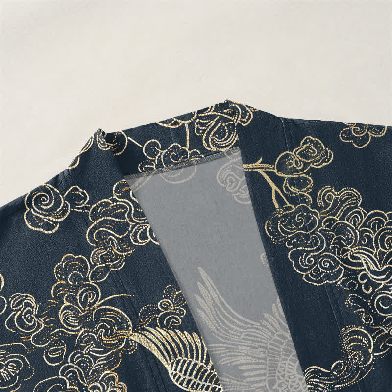 Buddha Stones Bawełniane kimono męskie z odkrytym przodem i wzorem chińskiego żurawia i ryby koi - image 3