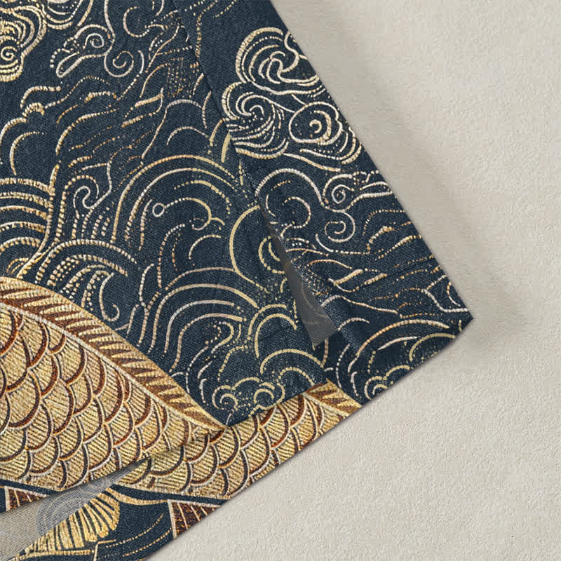 Buddha Stones Bawełniane kimono męskie z odkrytym przodem i wzorem chińskiego żurawia i ryby koi - image 4