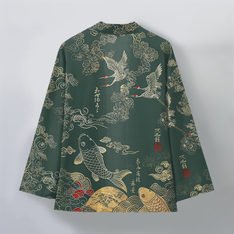 Buddha Stones Bawełniane kimono męskie z odkrytym przodem i wzorem chińskiego żurawia i ryby koi - image 8