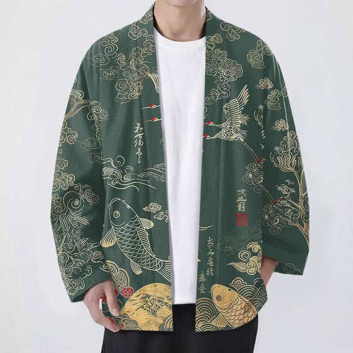 Buddha Stones Bawełniane kimono męskie z odkrytym przodem i wzorem chińskiego żurawia i ryby koi - Ciemnozielony - US/UK/AU48， EU58 (4XL) - image 6
