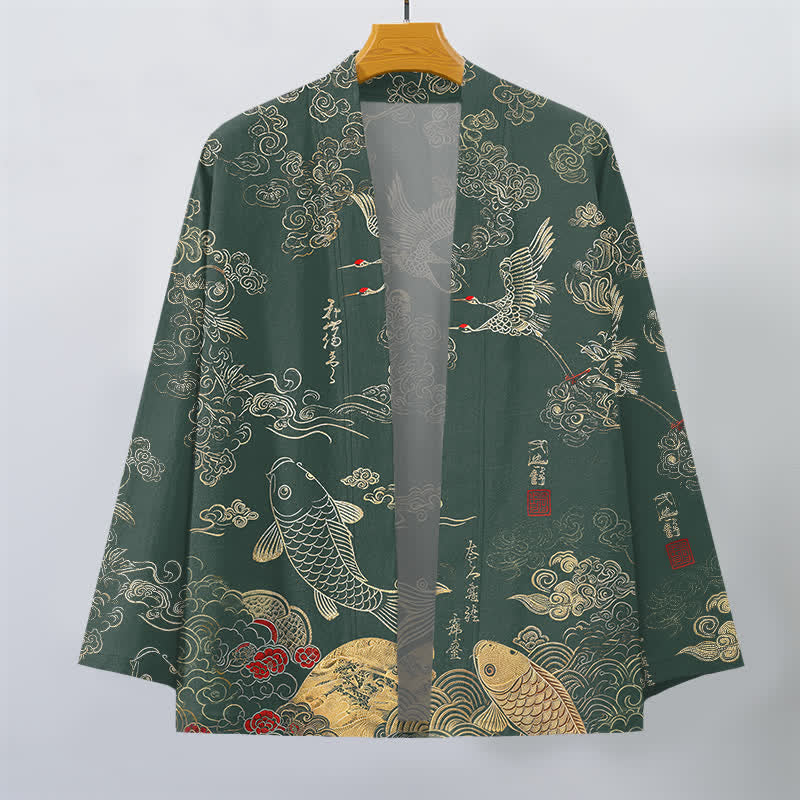 Buddha Stones Bawełniane kimono męskie z odkrytym przodem i wzorem chińskiego żurawia i ryby koi - image 7