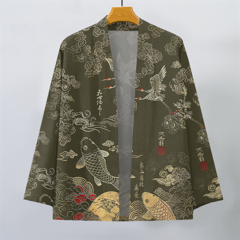 Buddha Stones Bawełniane kimono męskie z odkrytym przodem i wzorem chińskiego żurawia i ryby koi - image 10