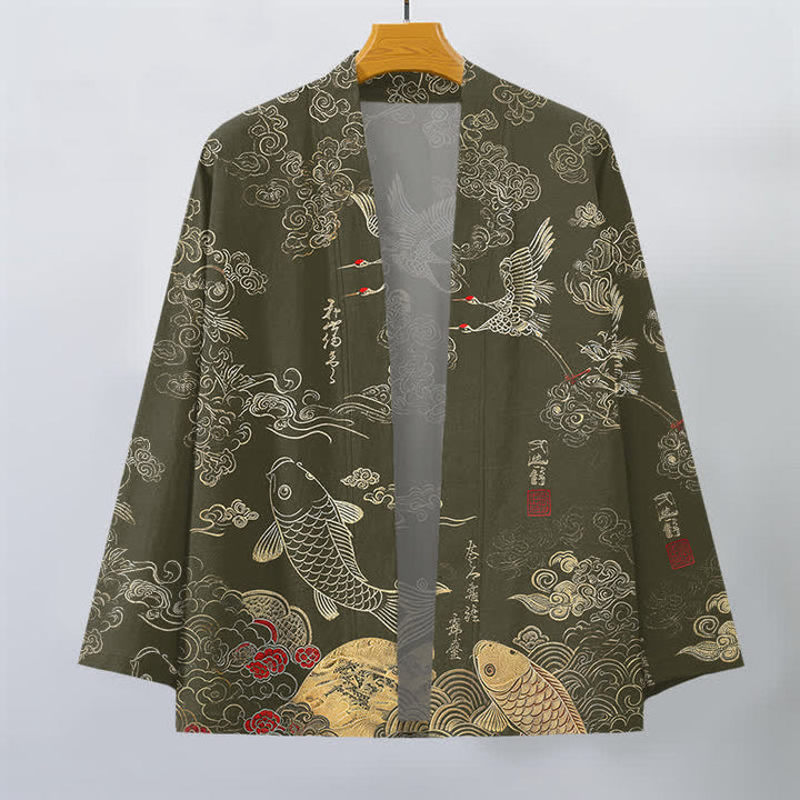 Buddha Stones Bawełniane kimono męskie z odkrytym przodem i wzorem chińskiego żurawia i ryby koi - image 10
