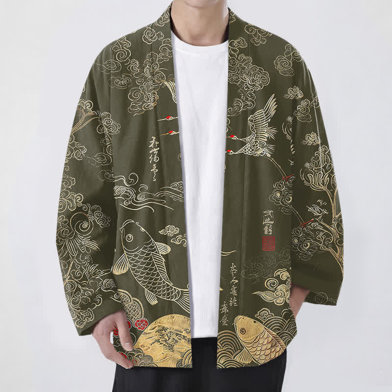 Buddha Stones Bawełniane kimono męskie z odkrytym przodem i wzorem chińskiego żurawia i ryby koi - Oliwka - US/UK/AU48， EU58 (4XL) - image 9
