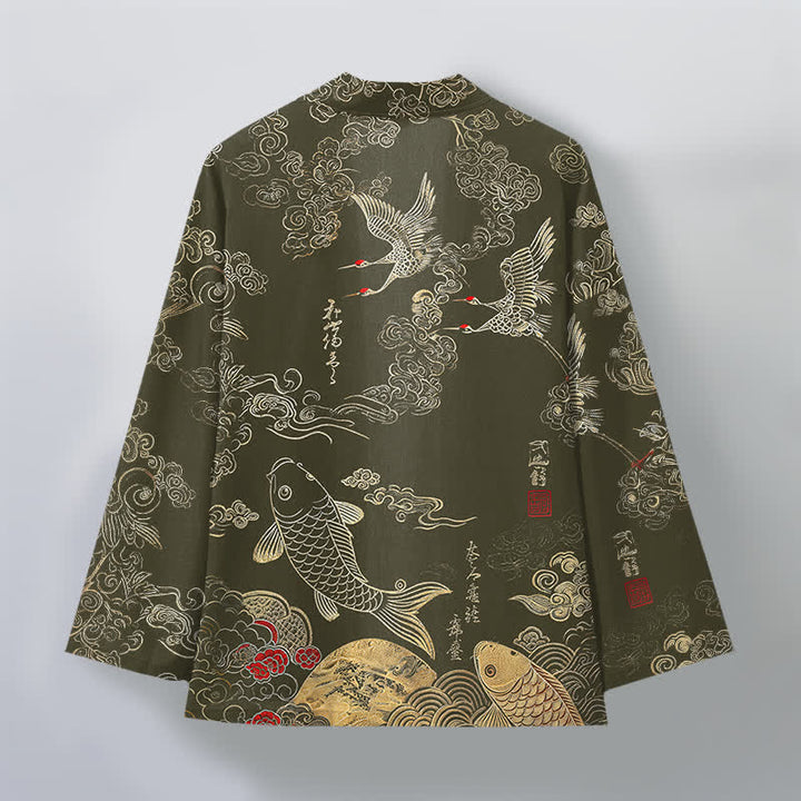 Buddha Stones Bawełniane kimono męskie z odkrytym przodem i wzorem chińskiego żurawia i ryby koi - image 11