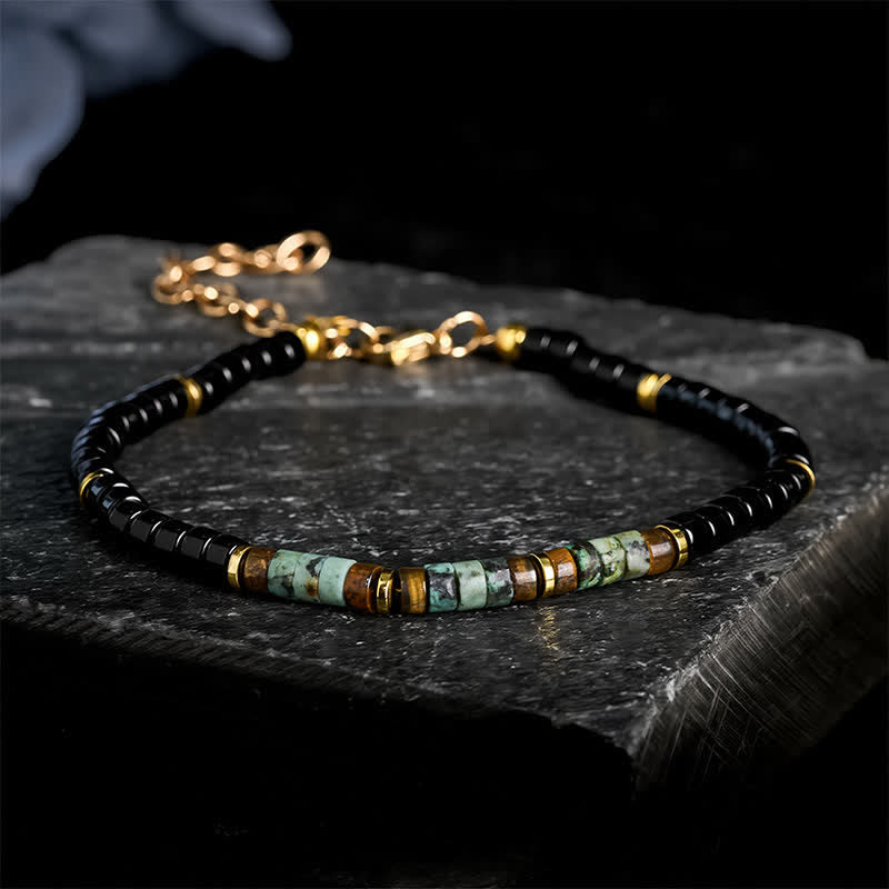 Buddha Stones Bransoletka ochronna z okrągłych koralików z czarnego onyksu i turkusu - Czarny onyks i turkus (obwód nadgarstka: 18–20 cm) - image 0