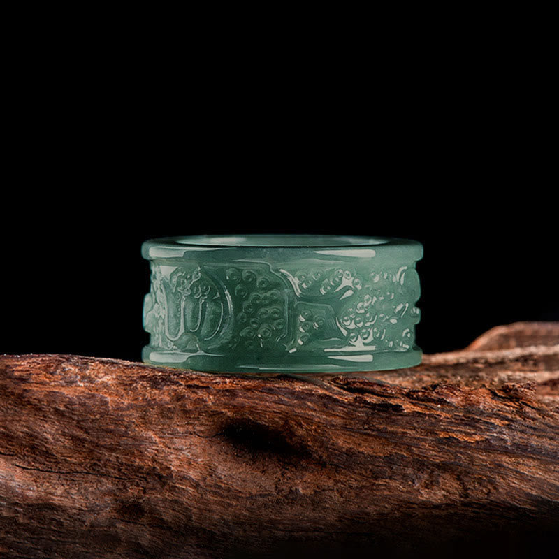 Buddha Stones Naturalny Jadeit Om Mani Padme Hum Rzeźbiony Pierścień Dobrobytu - image 2