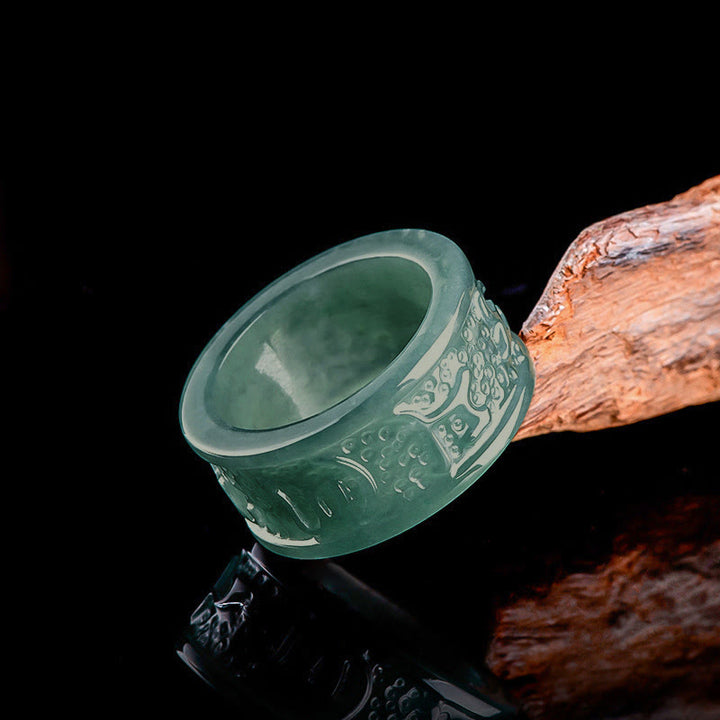 Buddha Stones Naturalny Jadeit Om Mani Padme Hum Rzeźbiony Pierścień Dobrobytu - 23 mm - image 0