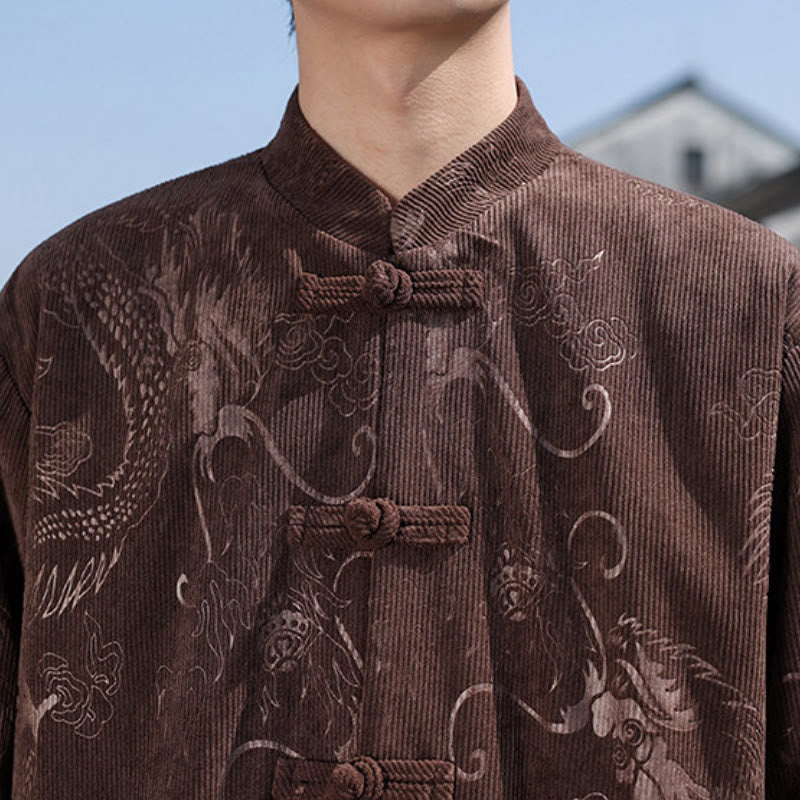 Buddha Stones Koszula męska z bawełny w stylu vintage, jesień/zima, kołnierzyk mandaryński, guzik żaba, abstrakcyjna, do medytacji, z kieszeniami - image 7