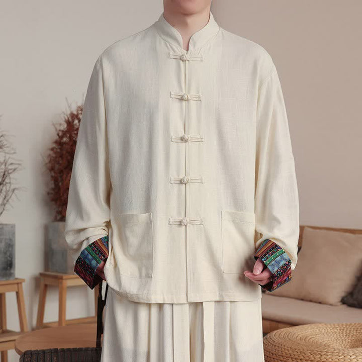 Buddha Stones Jesienno-zimowa, swobodna męska kurtka w stylu Tang z guzikami żabki i kołnierzykiem stójkowym, solidna, z kieszeniami - AntiqueWhite - US/UK/AU46， EU56 (5XL) - image 0