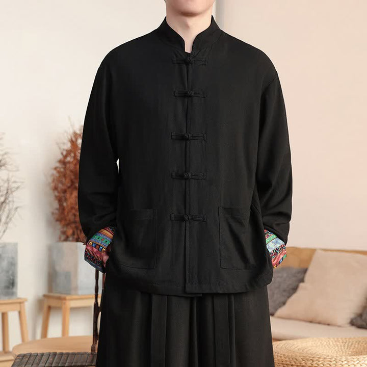 Buddha Stones Jesienno-zimowa, swobodna męska kurtka w stylu Tang z guzikami żabki i kołnierzykiem stójkowym, solidna, z kieszeniami - Czarny - US/UK/AU46， EU56 (5XL) - image 3