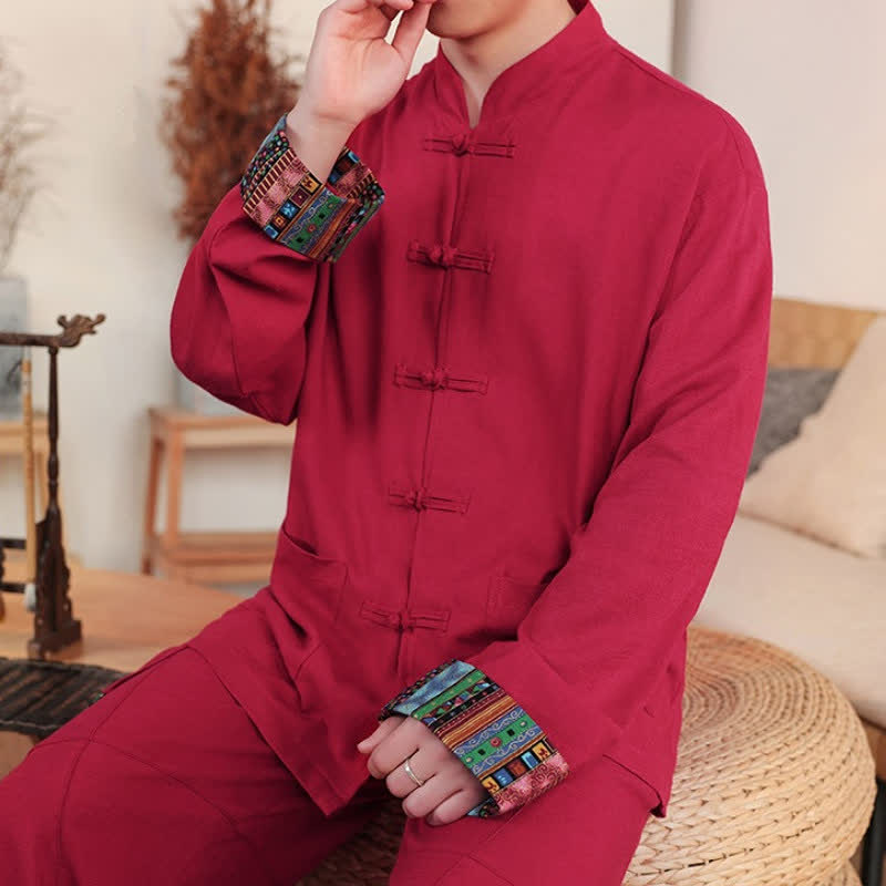 Buddha Stones Jesienno-zimowa, swobodna męska kurtka w stylu Tang z guzikami żabki i kołnierzykiem stójkowym, solidna, z kieszeniami - image 14