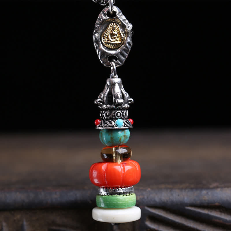 Buddha Stones Tybetański naszyjnik ochronny z kamieniami Mani w kształcie bezkształtnego Buddy ze stali tytanowej z wielokolorowymi koralikami - image 2