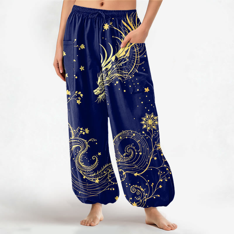 Buddha Stones Spodnie damskie haremowe z elastycznej talii i bocznymi kieszeniami, z motywem kwiatowym i złotym smokiem - Marynarka wojenna - US16, UK/AU20, EU48 (3XL) - image 7