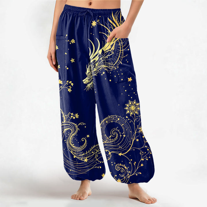 Buddha Stones Spodnie damskie haremowe z elastycznej talii i bocznymi kieszeniami, z motywem kwiatowym i złotym smokiem - Marynarka wojenna - US16, UK/AU20, EU48 (3XL) - image 7