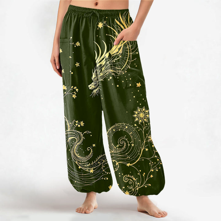 Buddha Stones Spodnie damskie haremowe z elastycznej talii i bocznymi kieszeniami, z motywem kwiatowym i złotym smokiem - DarkOliveGreen - US16, UK/AU20, EU48 (3XL) - image 10