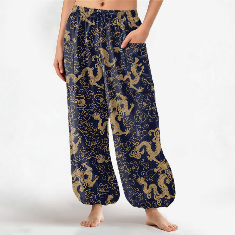 Buddha Stones Spodnie damskie haremowe z bawełny z motywem złotego smoka i elastycznym pasem oraz kieszeniami bocznymi - Marynarka wojenna - US16, UK/AU20, EU48 (3XL) - image 0