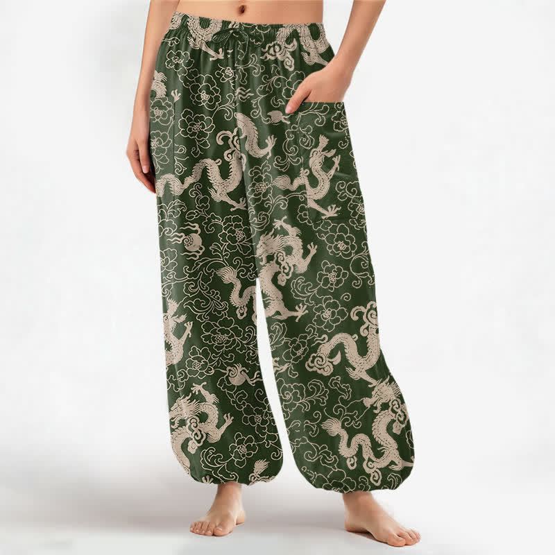 Buddha Stones Spodnie damskie haremowe z bawełny z motywem złotego smoka i elastycznym pasem oraz kieszeniami bocznymi - ForestGreen - US16, UK/AU20, EU48 (3XL) - image 7
