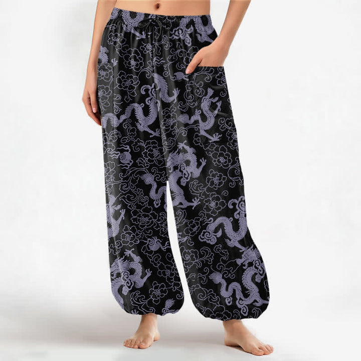Buddha Stones Spodnie damskie haremowe z bawełny z motywem złotego smoka i elastycznym pasem oraz kieszeniami bocznymi - Czarny - US16, UK/AU20, EU48 (3XL) - image 10