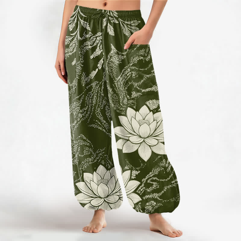 Buddha Stones Spodnie damskie typu harem z elastycznej talii w kolorze oliwkowym z motywem lotosu i bocznymi kieszeniami - DarkOliveGreen - US16, UK/AU20, EU48 (3XL) - image 0