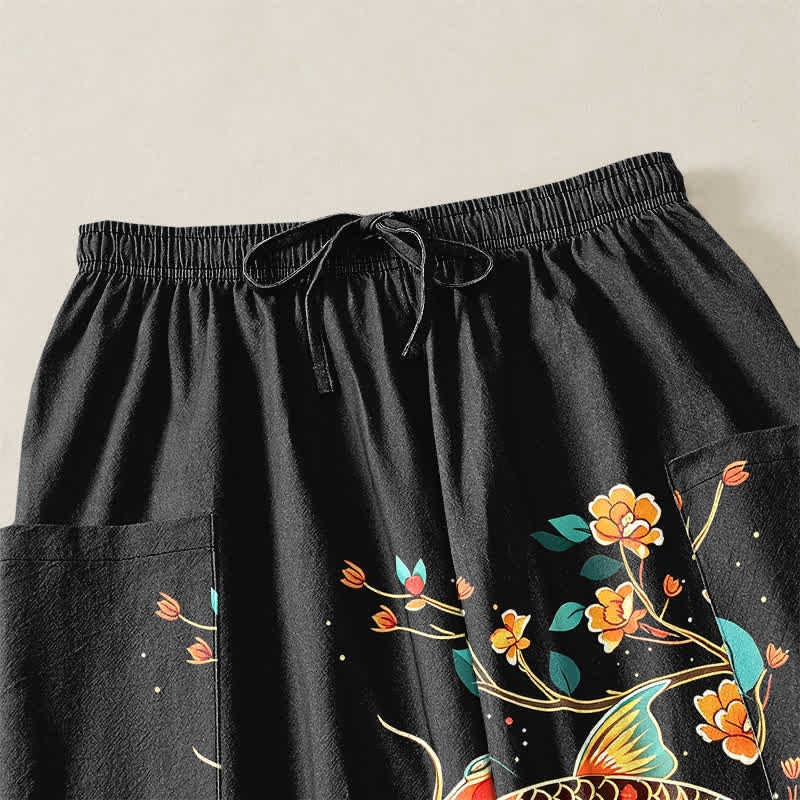 Buddha Stones Damskie spodnie haremowe z bawełny z motywem kwiatowym Koi w stylu orientalnym, z elastyczną talią i kieszeniami bocznymi - image 5