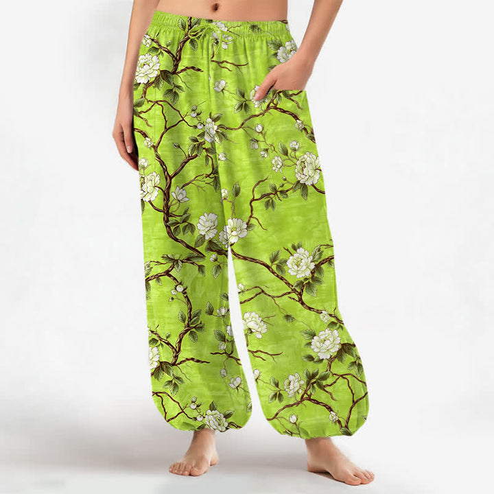 Buddha Stones Spodnie damskie typu harem z bawełny z motywem kwiatowym, z elastyczną talią i kieszeniami bocznymi - LawnGreen - US16, UK/AU20, EU48 (3XL) - image 10