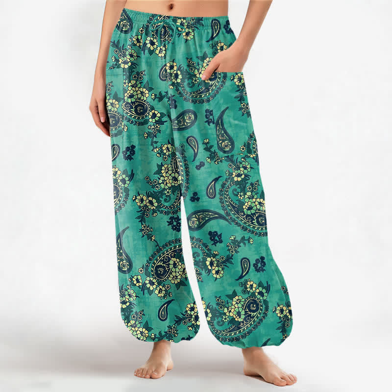 Buddha Stones Spodnie damskie typu harem z bawełny w stylu vintage z motywem paisley i kwiatowym, z elastyczną talią i kieszeniami bocznymi - Akwamaryn - US16, UK/AU20, EU48 (3XL) - image 7