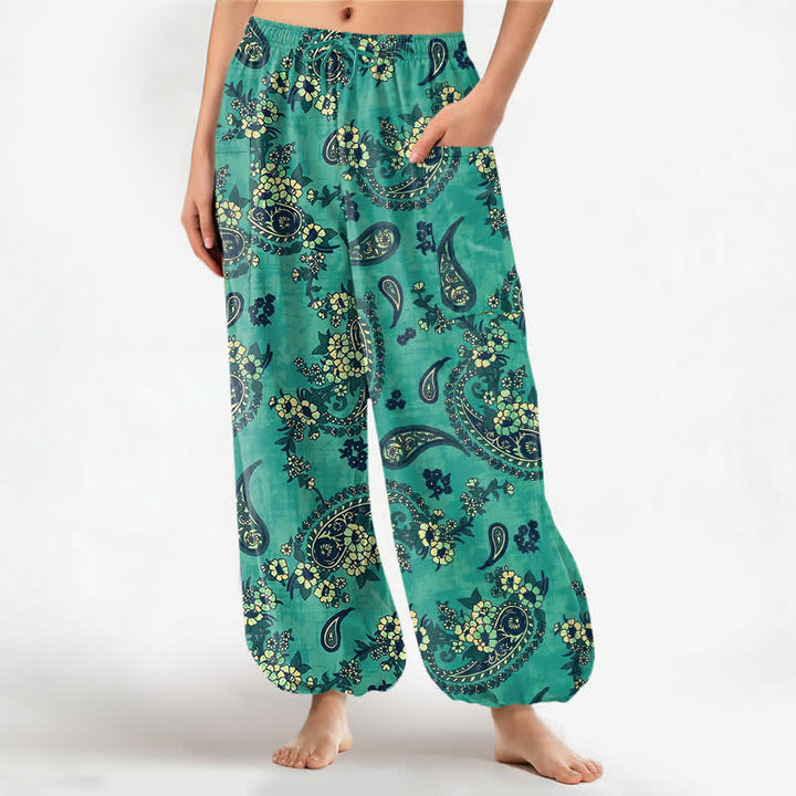 Buddha Stones Spodnie damskie typu harem z bawełny w stylu vintage z motywem paisley i kwiatowym, z elastyczną talią i kieszeniami bocznymi - Akwamaryn - US16, UK/AU20, EU48 (3XL) - image 7
