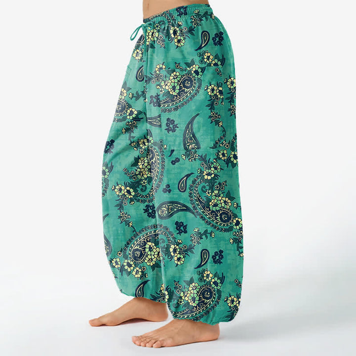 Buddha Stones Spodnie damskie typu harem z bawełny w stylu vintage z motywem paisley i kwiatowym, z elastyczną talią i kieszeniami bocznymi - image 8