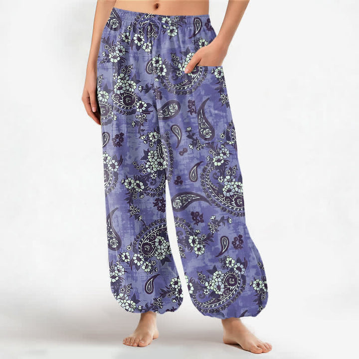 Buddha Stones Spodnie damskie typu harem z bawełny w stylu vintage z motywem paisley i kwiatowym, z elastyczną talią i kieszeniami bocznymi - SlateBlue - US16, UK/AU20, EU48 (3XL) - image 10
