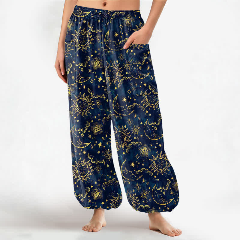 Buddha Stones Bawełniane spodnie damskie typu harem z elastycznym pasem i kieszeniami bocznymi, wzór Celestial Sun Moon Star - Marynarka wojenna - US16, UK/AU20, EU48 (3XL) - image 0