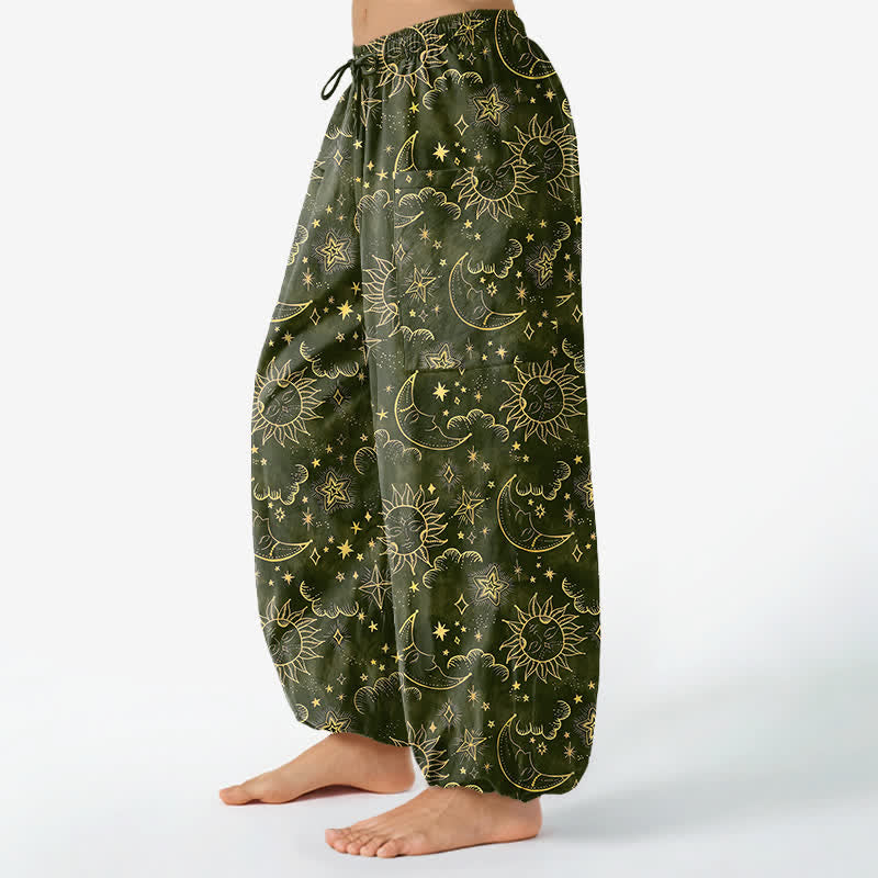 Buddha Stones Bawełniane spodnie damskie typu harem z elastycznym pasem i kieszeniami bocznymi, wzór Celestial Sun Moon Star - DarkOliveGreen - US16, UK/AU20, EU48 (3XL) - image 10