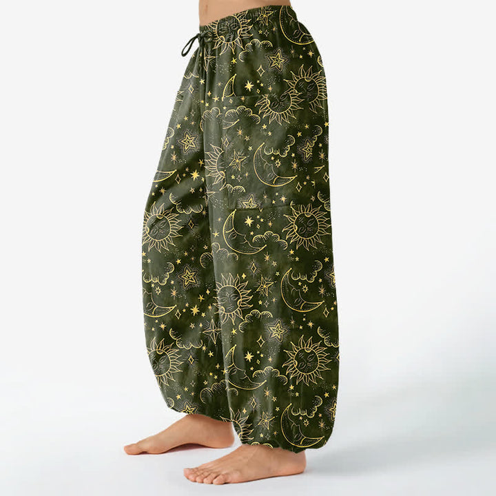 Buddha Stones Bawełniane spodnie damskie typu harem z elastycznym pasem i kieszeniami bocznymi, wzór Celestial Sun Moon Star - DarkOliveGreen - US16, UK/AU20, EU48 (3XL) - image 10