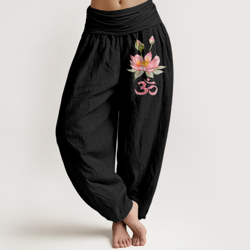Buddha Stones Spodnie damskie harem z elastycznej talii w kolorze różowego lotosu z czystej bawełny i wzorem Om - Czarny - US16, UK/AU20, EU48 (3XL) - image 0