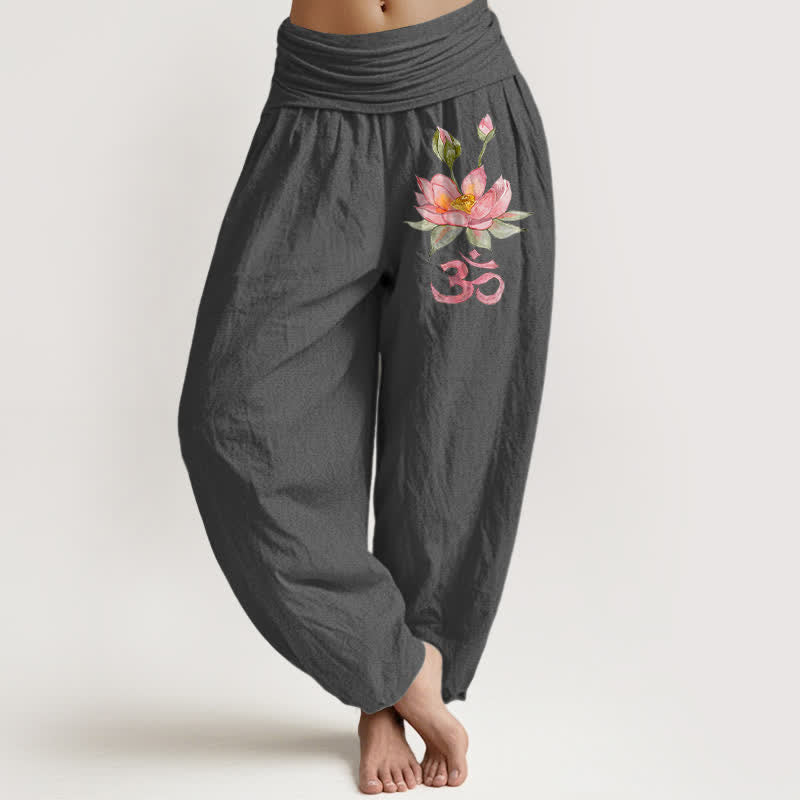 Buddha Stones Spodnie damskie harem z elastycznej talii w kolorze różowego lotosu z czystej bawełny i wzorem Om - DimGray - US16, UK/AU20, EU48 (3XL) - image 8