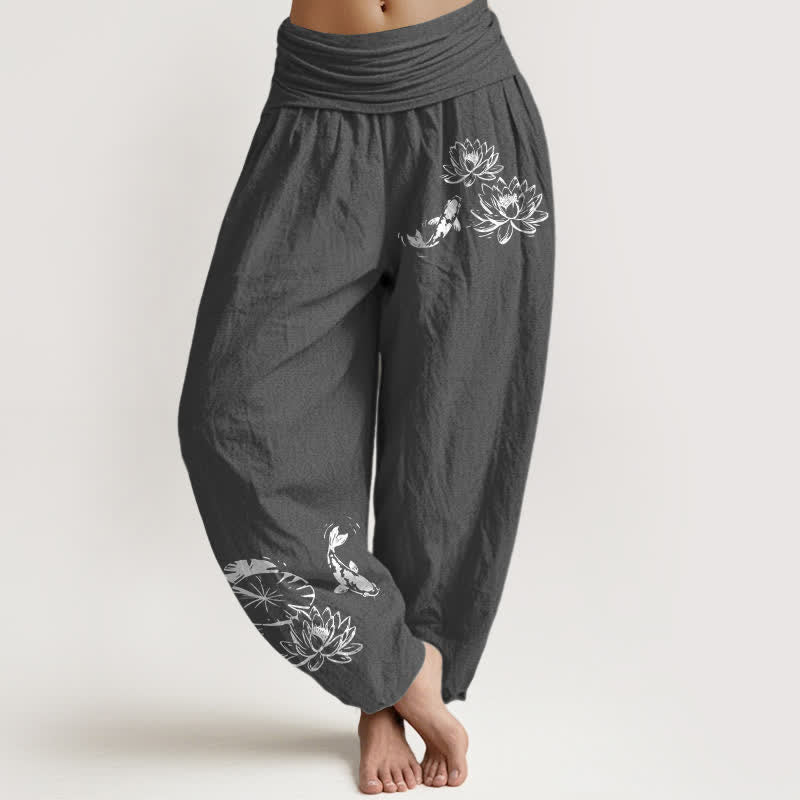 Buddha Stones Spodnie damskie haremowe z elastyczną talią i wzorem Koi Lotus z czystej bawełny - DimGray - US16, UK/AU20, EU48 (3XL) - image 5