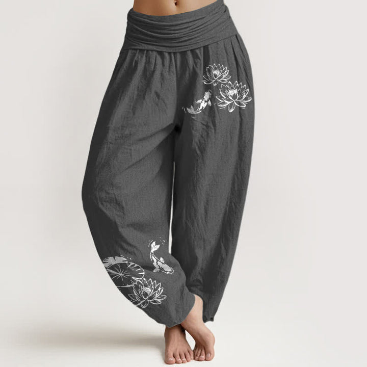Buddha Stones Spodnie damskie haremowe z elastyczną talią i wzorem Koi Lotus z czystej bawełny - DimGray - US16, UK/AU20, EU48 (3XL) - image 5