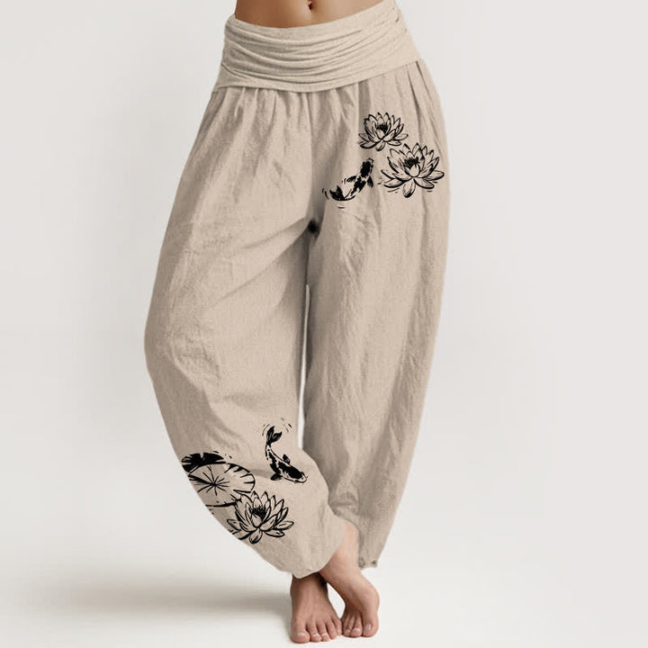 Buddha Stones Spodnie damskie haremowe z elastyczną talią i wzorem Koi Lotus z czystej bawełny - Dębnik - US16, UK/AU20, EU48 (3XL) - image 8
