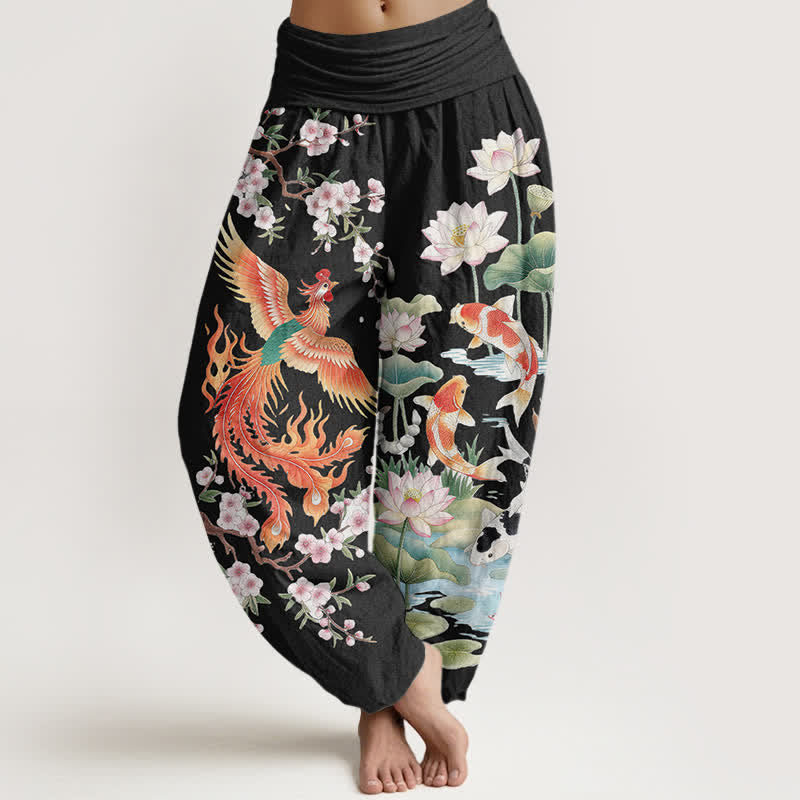 Buddha Stones Spodnie damskie haremowe z bawełny Phoenix Koi Lotus Pattern z elastyczną talią - Czarny - US16, UK/AU20, EU48 (3XL) - image 0